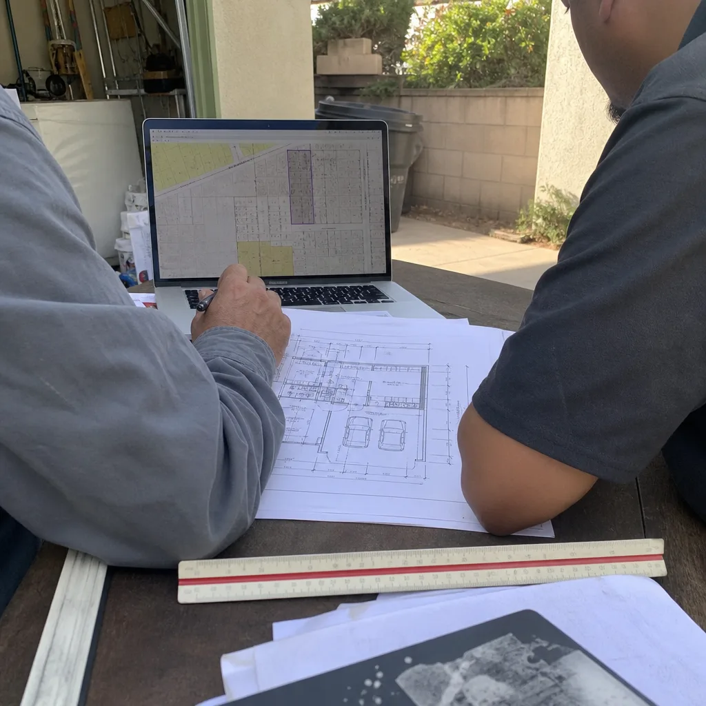 Professionals reviewing architectural floor plans and property maps for ADU project design.
