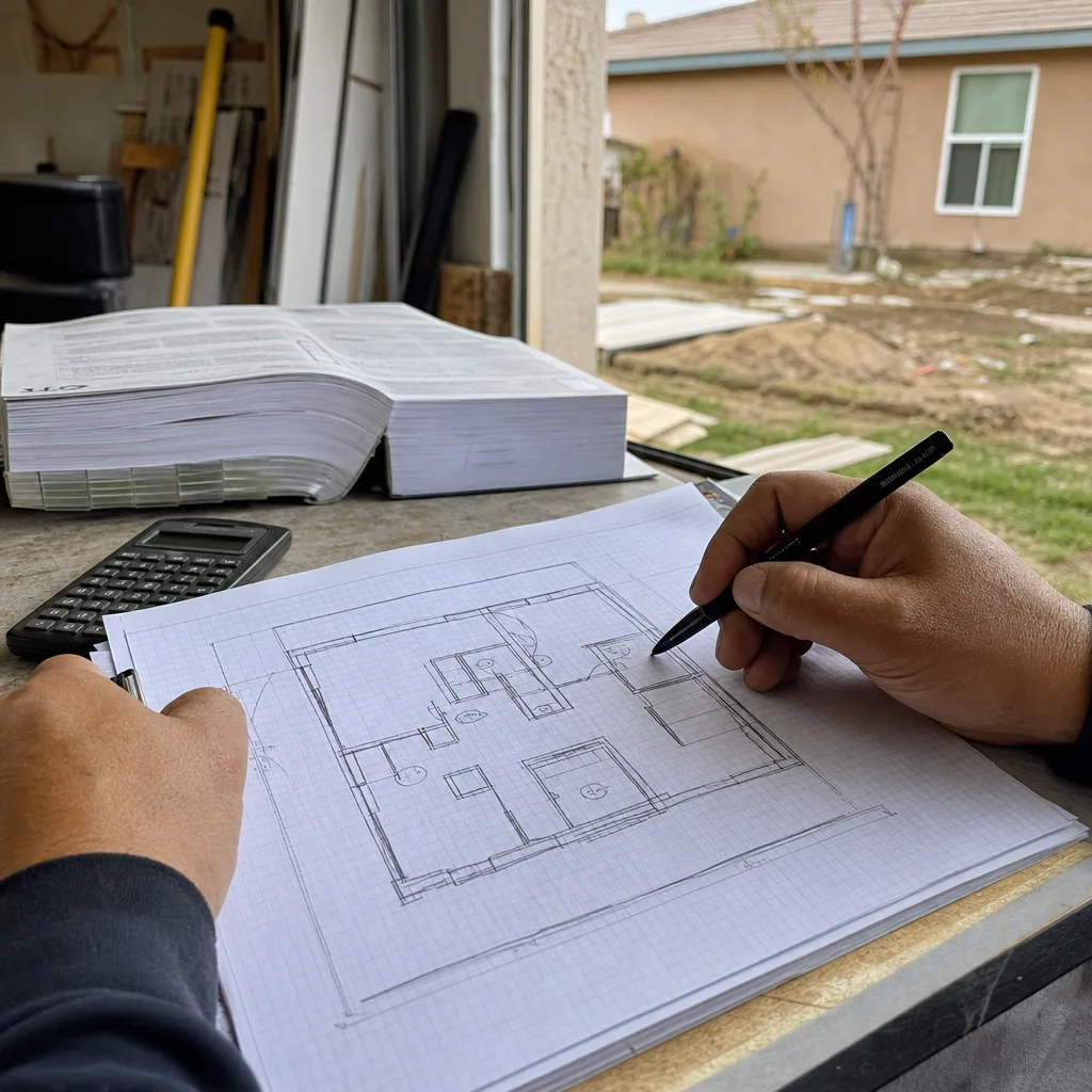 Architect designing ADU floor plan for permitting and residential project construction
