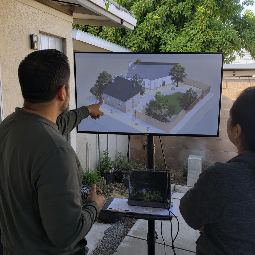 Professional discussing residential ADU design and permitting plans with a client