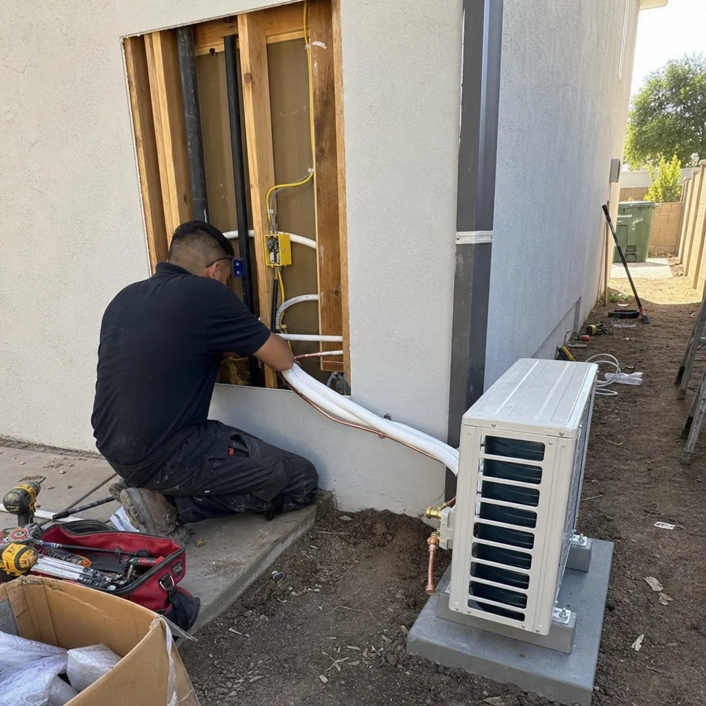 Technician installing HVAC system for garage conversion ADU project