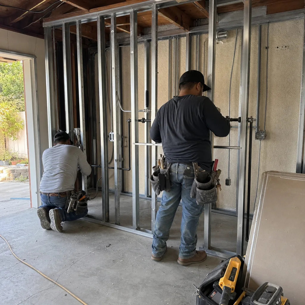 Contractors installing metal framing and plumbing for garage conversion ADU project
