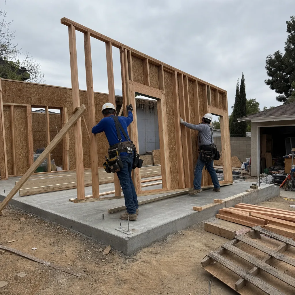 construction workers installing the wooden frame for a new detached ADU
