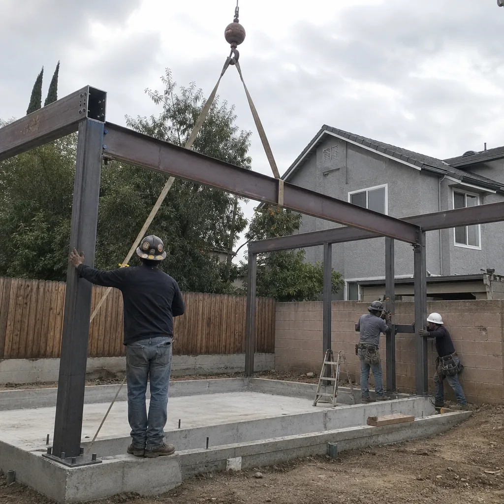 Construction crew installing steel frame for a new detached ADU structure
